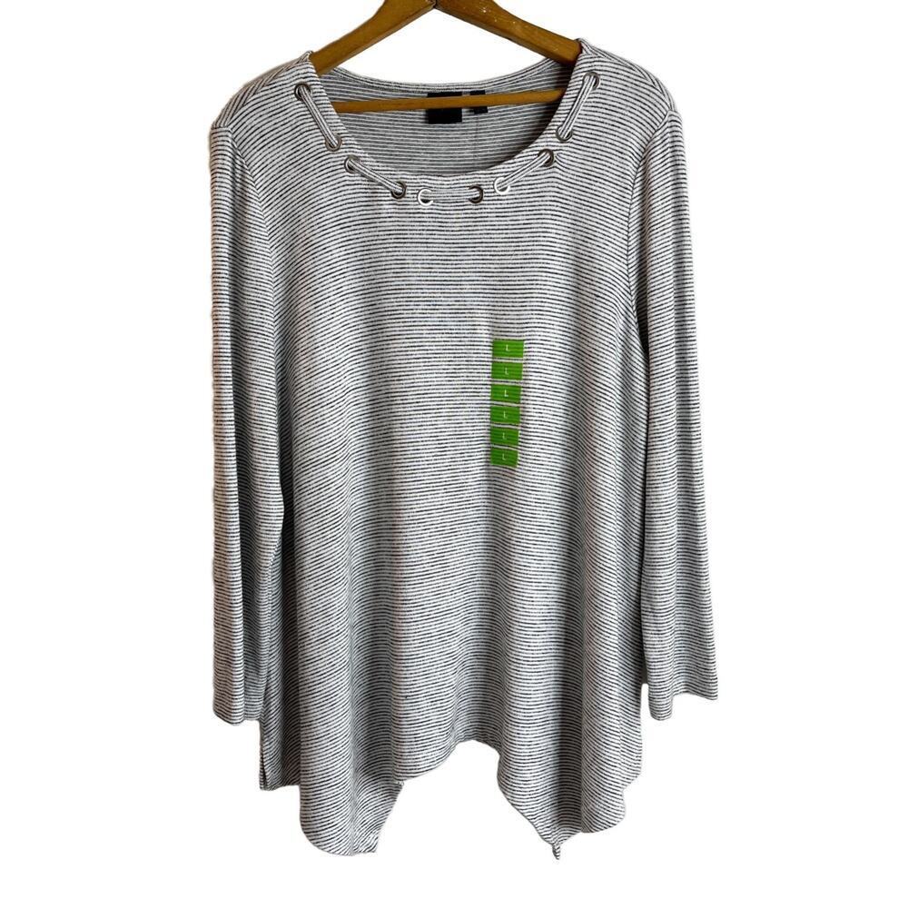 Rafaella Women's Tunic Sweater Sz L Striped Gray & White Asymmetric Grommet Neck